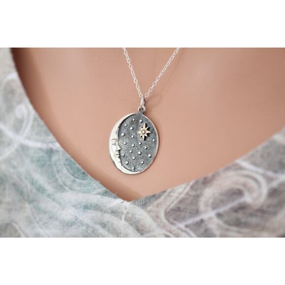 Sterling Silver Crescent Moon Face Pendant with Bronze Star Necklace - Picture 4 of 5